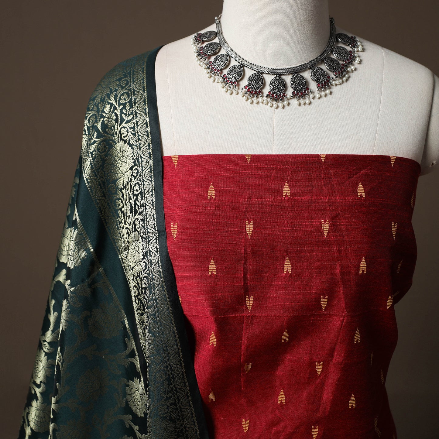 Spun Dupion Viscose Silk Buti 2pc Unstitched Dress Material Kurta Set with Earrings 27