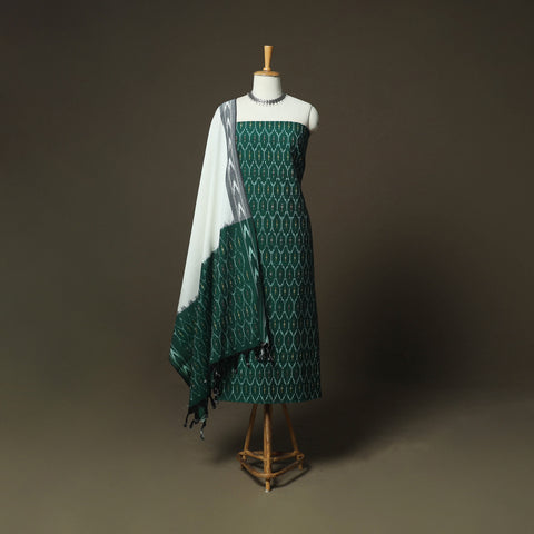 Green - Pochampally Ikat Weave 3pc Cotton Unstitched Dress Material Suit Set 62