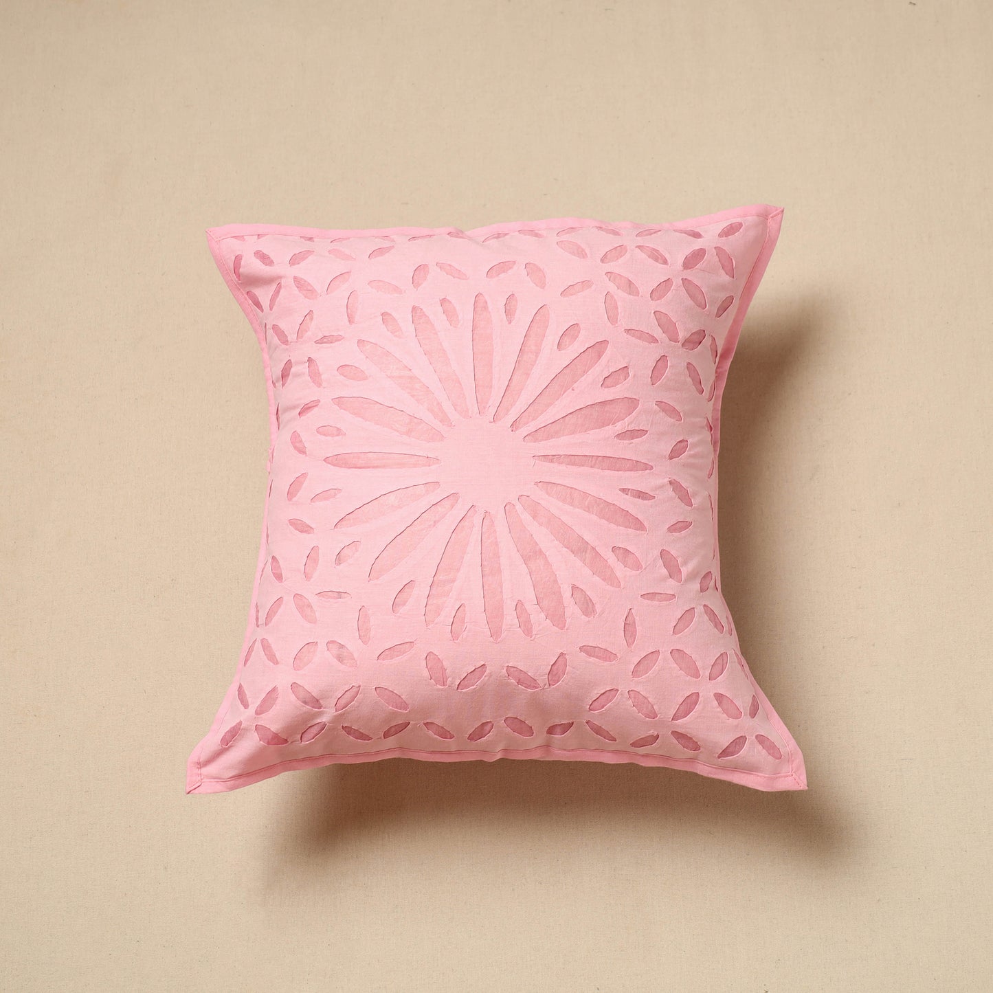 Pink - Cut Work Cotton Applique Cushion Cover (16 x 16 in) 04