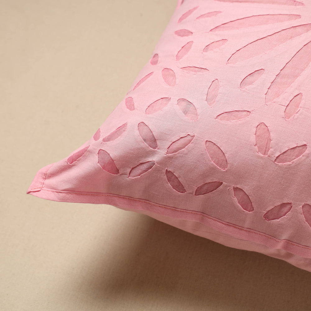 Pink - Cut Work Cotton Applique Cushion Cover (16 x 16 in) 04