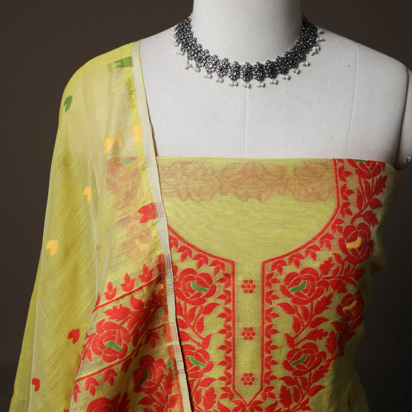 Phulia Jamdani Silk Cotton 2pc Unstitched Dress Material Kurta Set 19