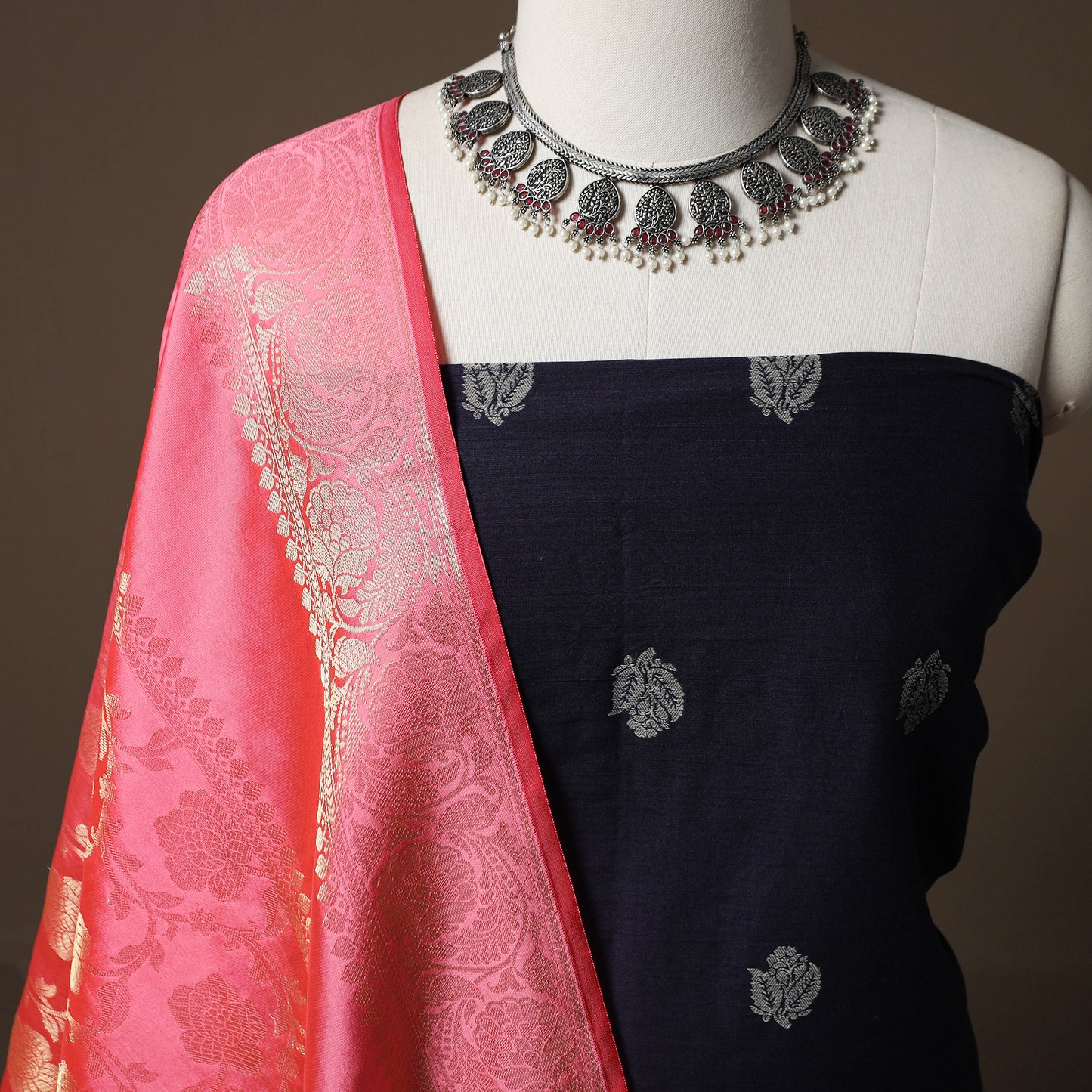 Spun Dupion Viscose Silk Buti 2pc Unstitched Dress Material Kurta Set with Earrings 24