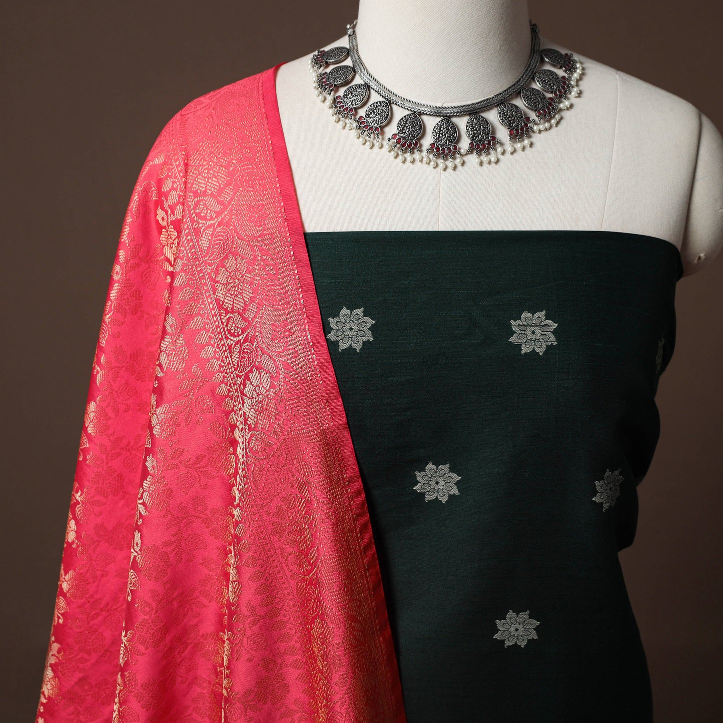 Spun Dupion Viscose Silk Buti 2pc Unstitched Dress Material Kurta Set with Earrings 22
