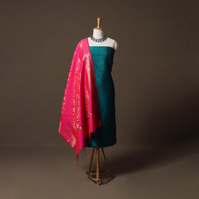 Plain Slub Silk 2pc Unstitched Dress Material Kurta Set with Earrings 21