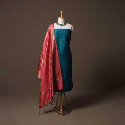 Plain Slub Silk 2pc Unstitched Dress Material Kurta Set with Earrings 19