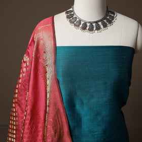 Plain Slub Silk 2pc Unstitched Dress Material Kurta Set with Earrings 19