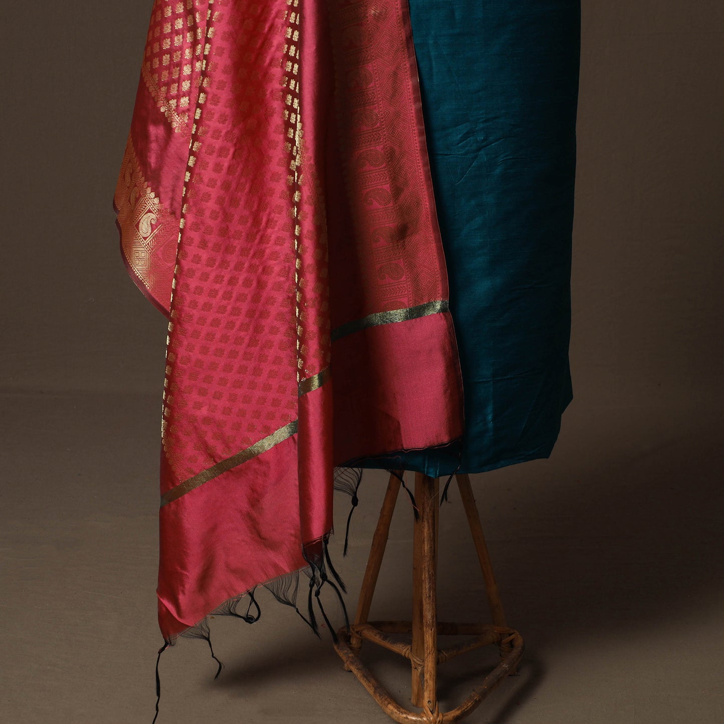 Plain Slub Silk 2pc Unstitched Dress Material Kurta Set with Earrings 19