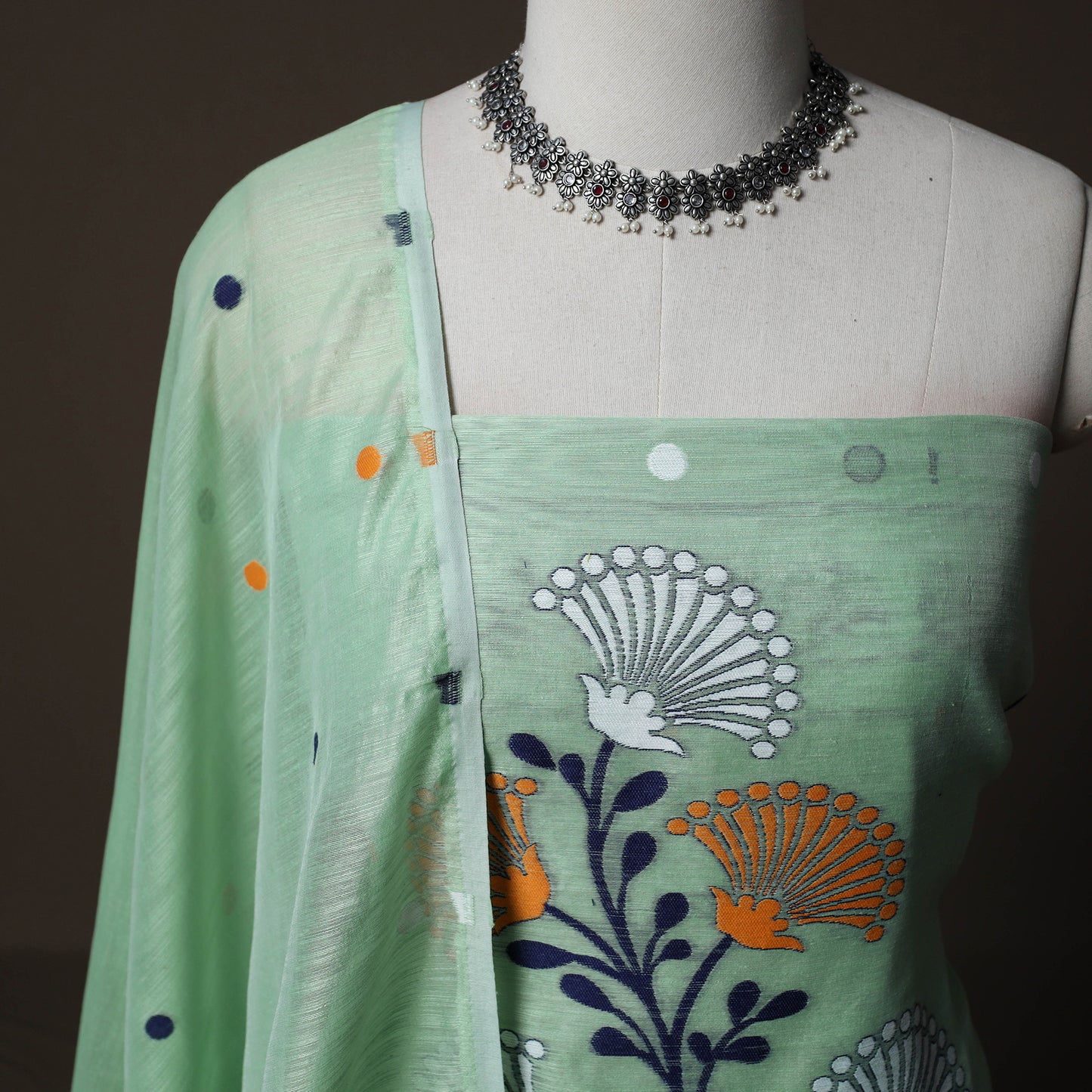 Phulia Jamdani Silk Cotton 2pc Unstitched Dress Material Kurta Set 25