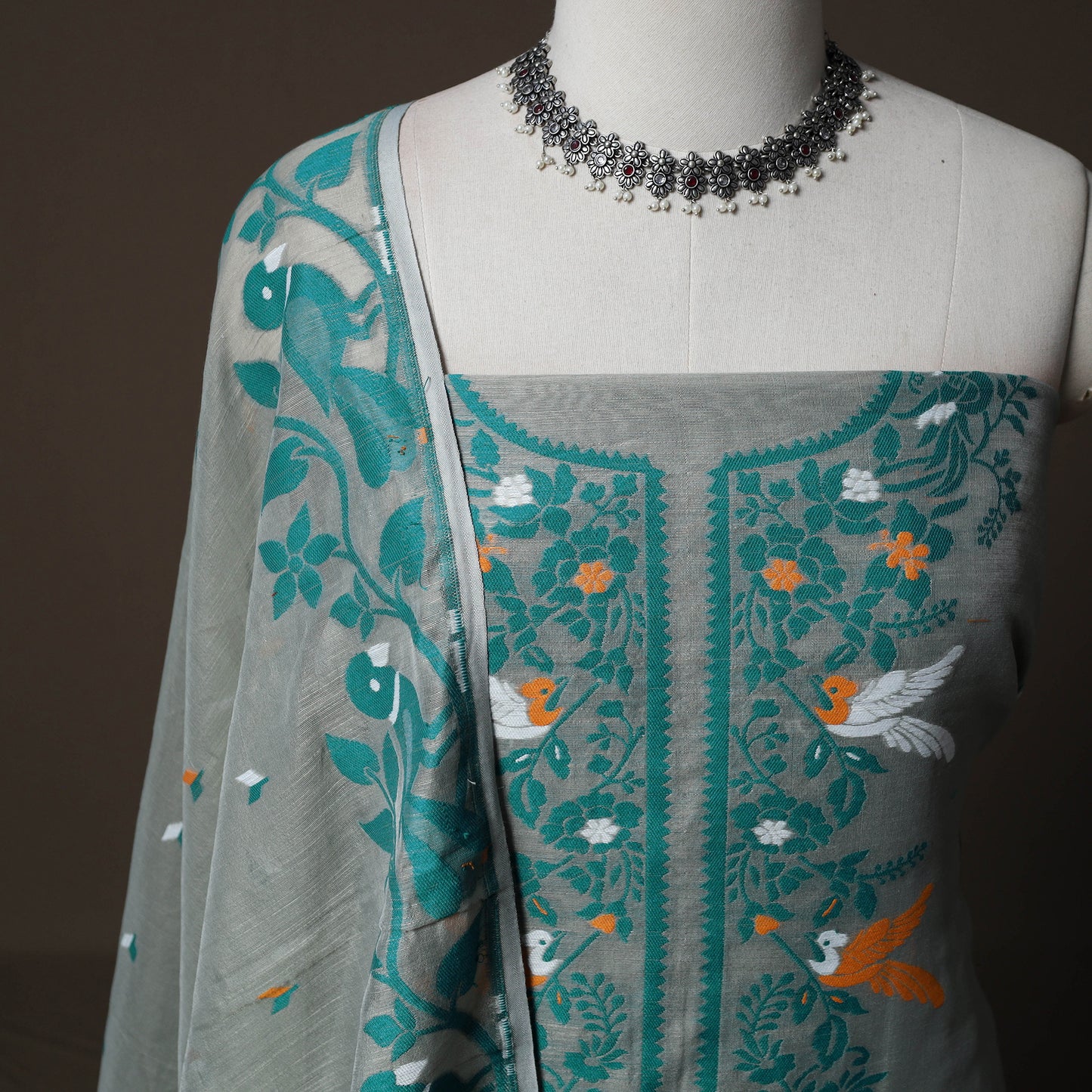 Phulia Jamdani Silk Cotton 2pc Unstitched Dress Material Kurta Set 26