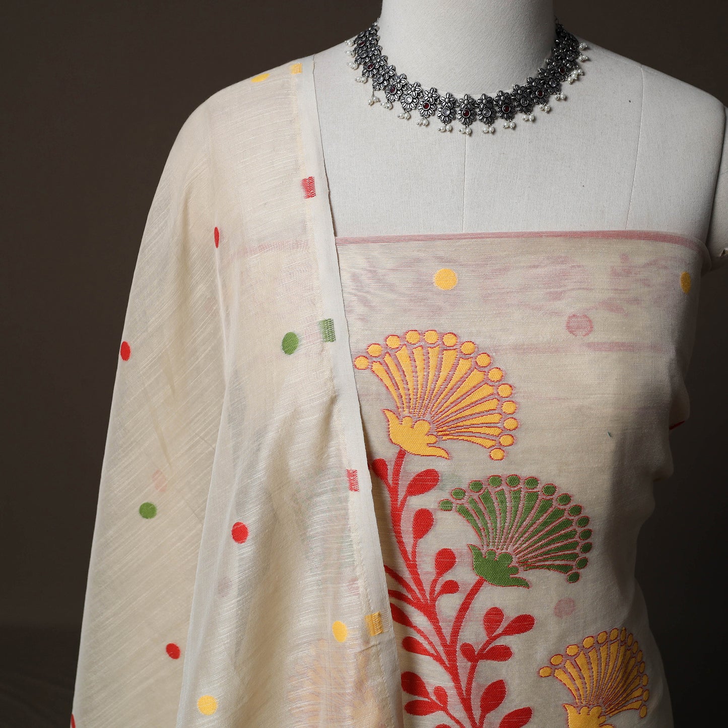Phulia Jamdani Silk Cotton 2pc Unstitched Dress Material Kurta Set 27