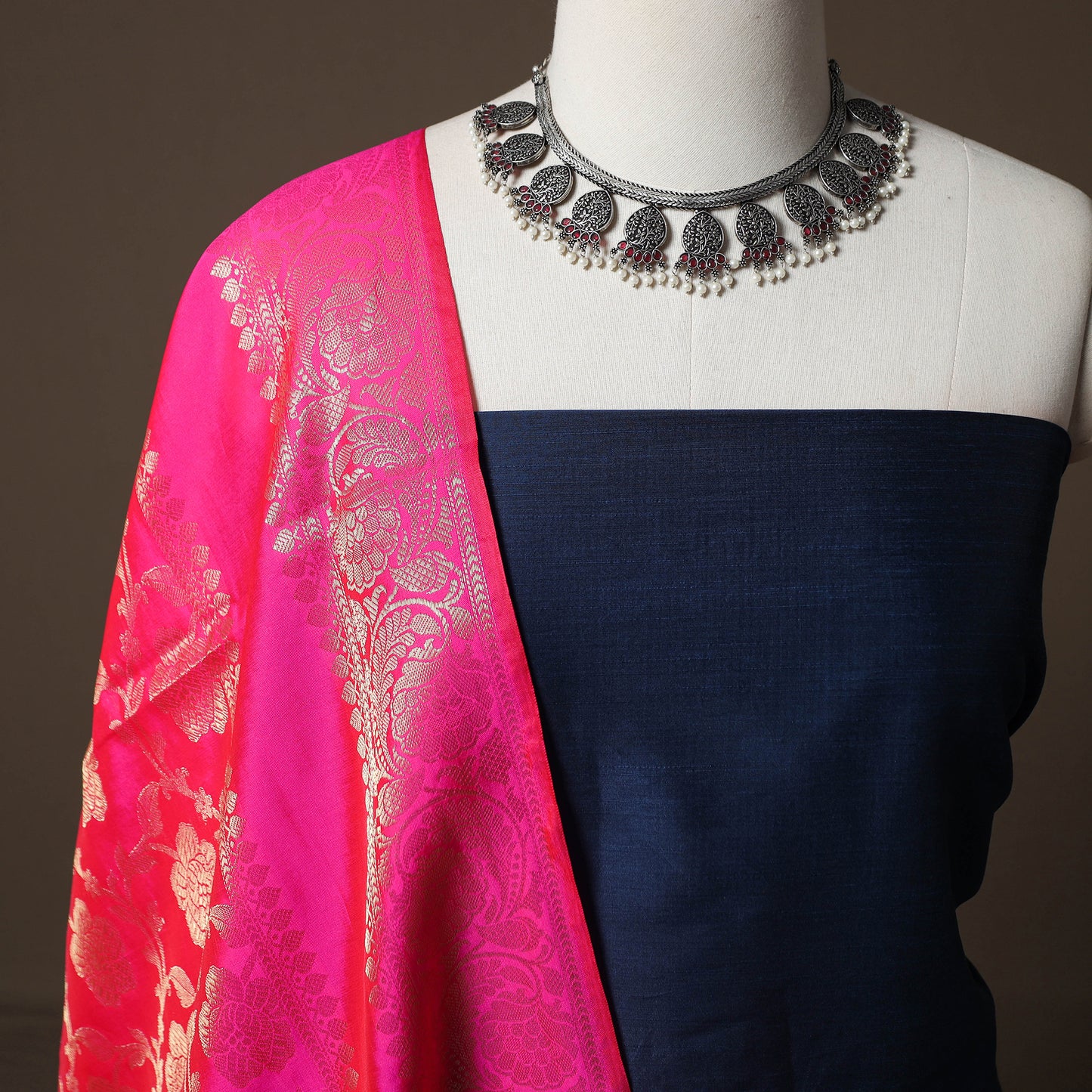 Plain Slub Silk 2pc Unstitched Dress Material Kurta Set with Earrings 16