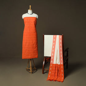 Orange - Pochampally Ikat Weave 3pc Cotton Unstitched Dress Material Suit Set 74