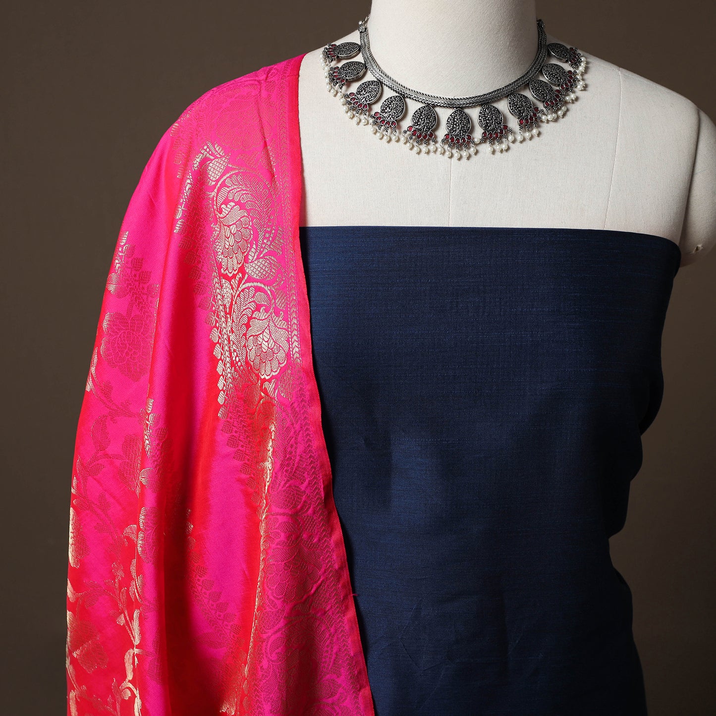 Plain Slub Silk 2pc Unstitched Dress Material Kurta Set with Earrings 15