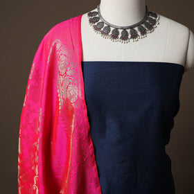 Plain Slub Silk 2pc Unstitched Dress Material Kurta Set with Earrings 15