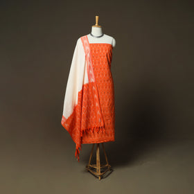 Orange - Pochampally Ikat Weave 3pc Cotton Unstitched Dress Material Suit Set 74