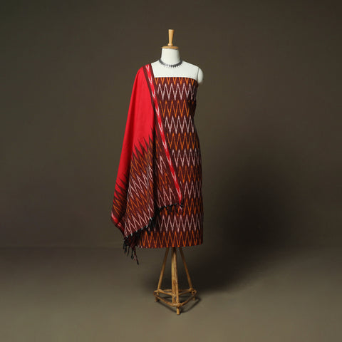 Maroon - Pochampally Ikat Weave 3pc Cotton Unstitched Dress Material Suit Set 75