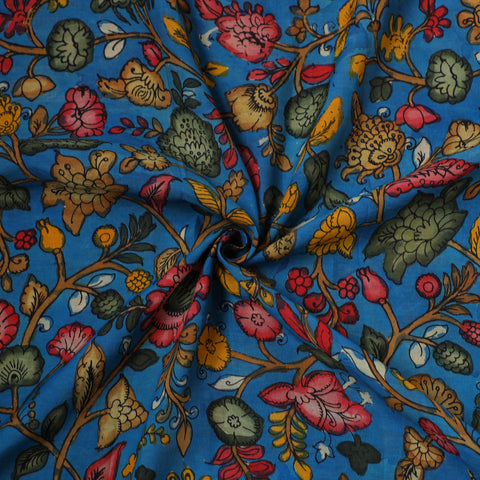 Blue - Handpainted Pure Handloom Chanderi Silk Pen Kalamkari Fabric of Srikalahasti 07