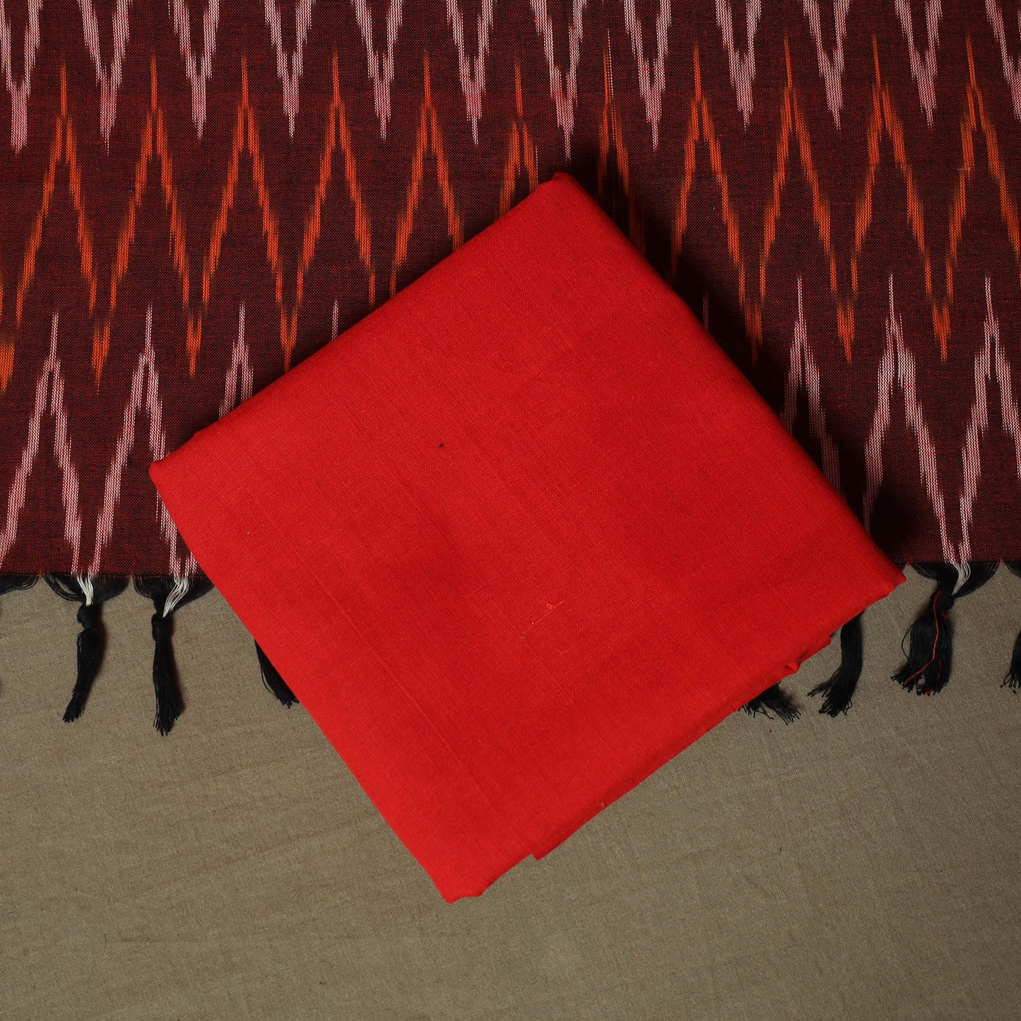 Maroon - Pochampally Ikat Weave 3pc Cotton Unstitched Dress Material Suit Set 75