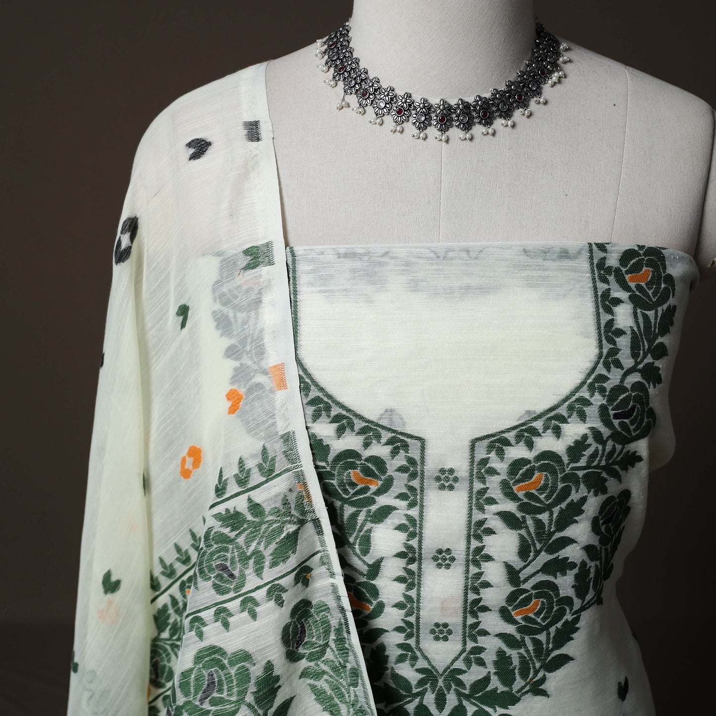Phulia Jamdani Silk Cotton 2pc Unstitched Dress Material Kurta Set 32