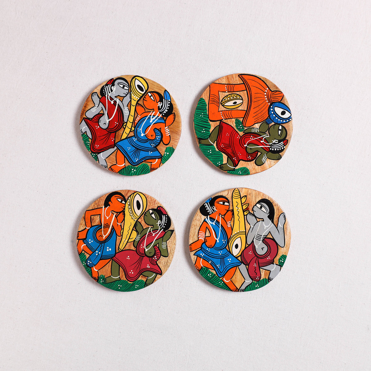 Bengal Patua Handpainted Akashmoni Wooden Coasters (Set of 4) 01