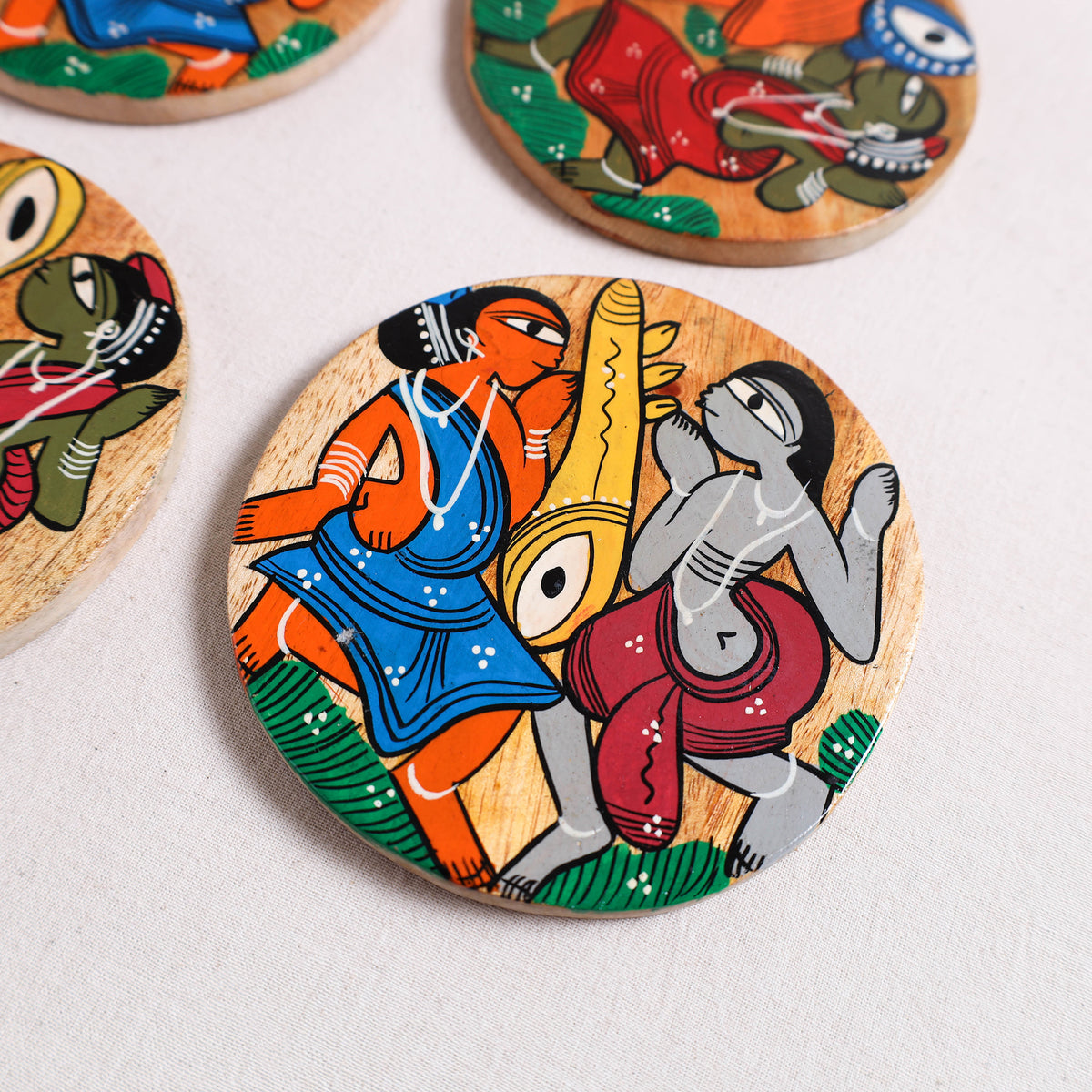 Bengal Patua Handpainted Akashmoni Wooden Coasters (Set of 4) 01