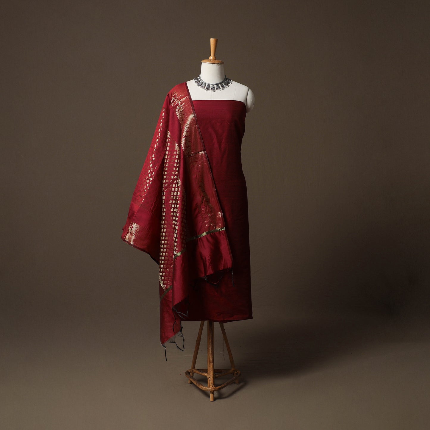 Plain Slub Silk 2pc Unstitched Dress Material Kurta Set with Earrings 09