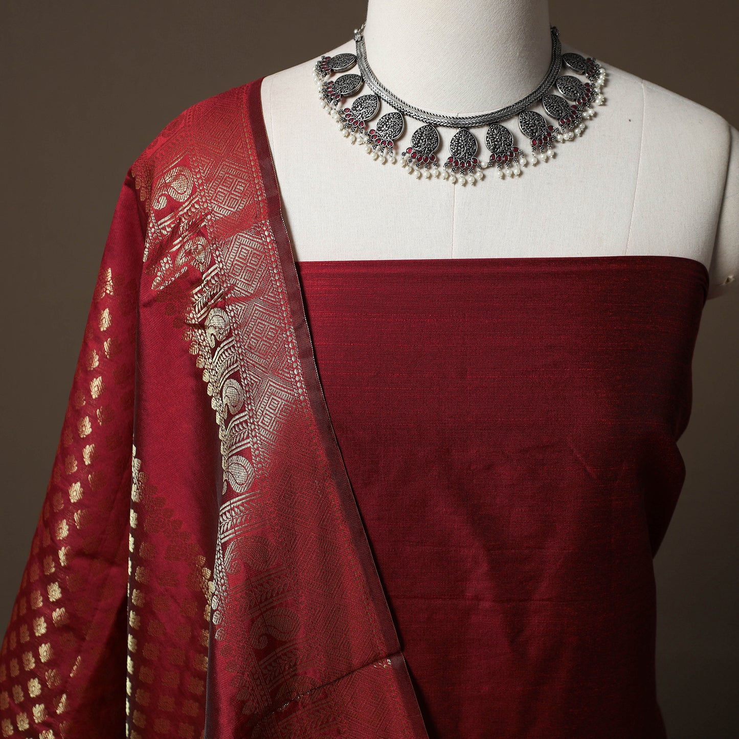 Plain Slub Silk 2pc Unstitched Dress Material Kurta Set with Earrings 09