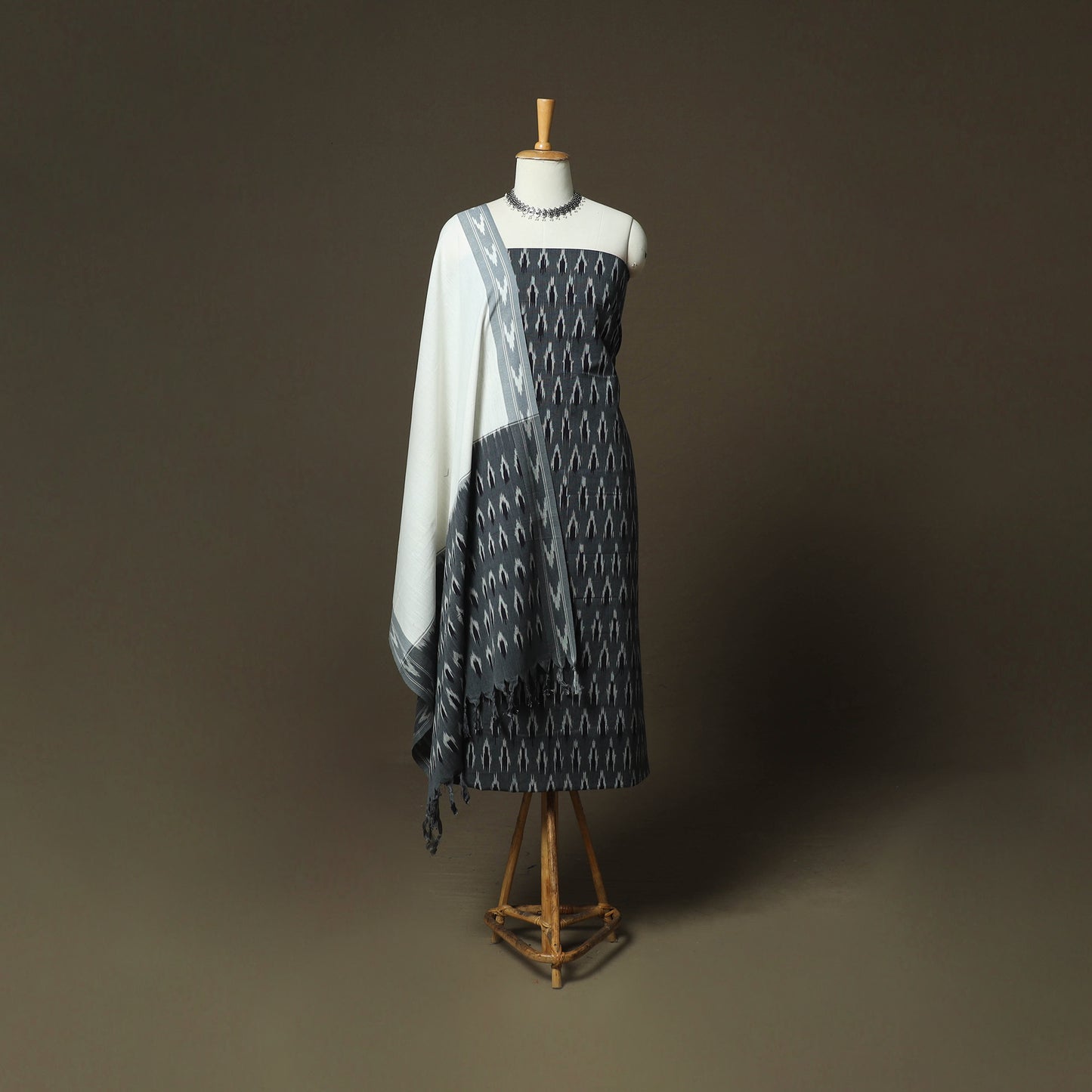 Grey - Pochampally Ikat Weave 3pc Cotton Unstitched Dress Material Suit Set 79