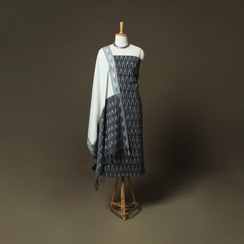 Grey - Pochampally Ikat Weave 3pc Cotton Unstitched Dress Material Suit Set 79