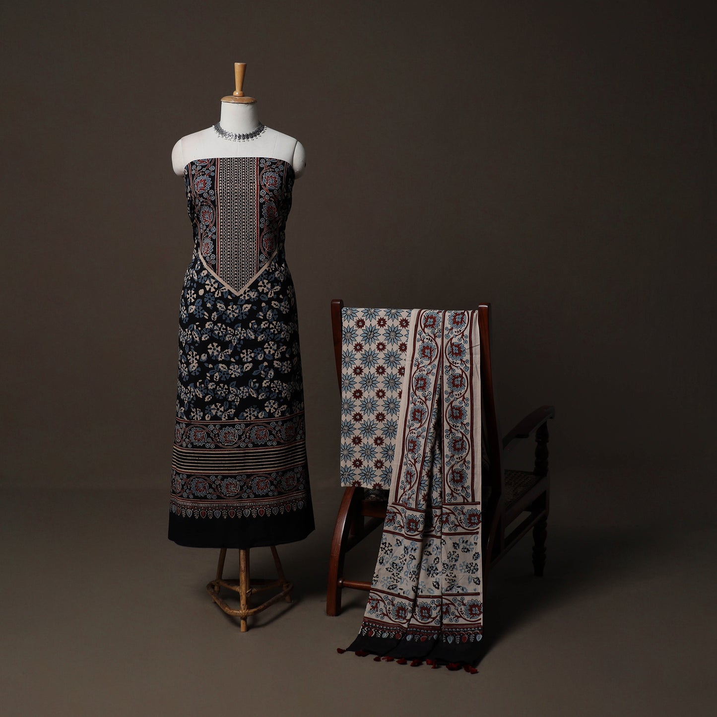 Ajrakh Hand Block Print Natural Dyed Cotton 3pc Unstitched Dress Material Suit Set 01