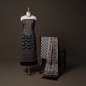 Ajrakh Hand Block Print Natural Dyed Cotton 3pc Unstitched Dress Material Suit Set 01