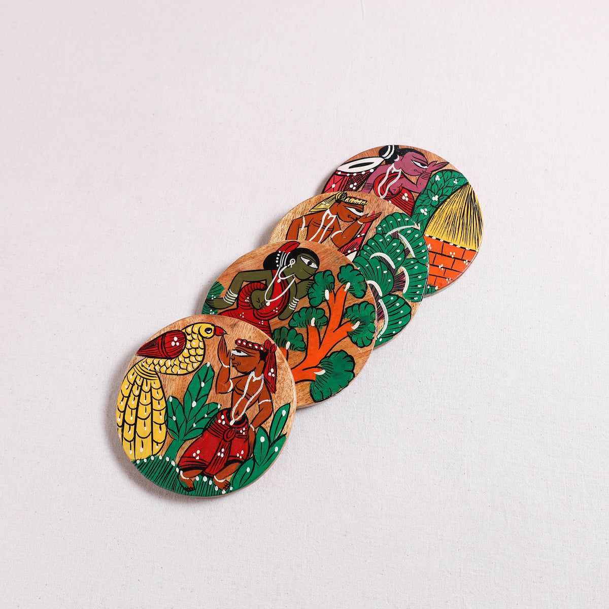 Bengal Patua Handpainted Akashmoni Wooden Coasters (Set of 4) 02