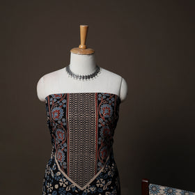 Ajrakh Hand Block Print Natural Dyed Cotton 3pc Unstitched Dress Material Suit Set 01