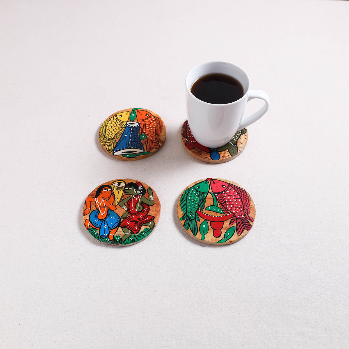 Bengal Patua Handpainted Akashmoni Wooden Coasters (Set of 4) 03