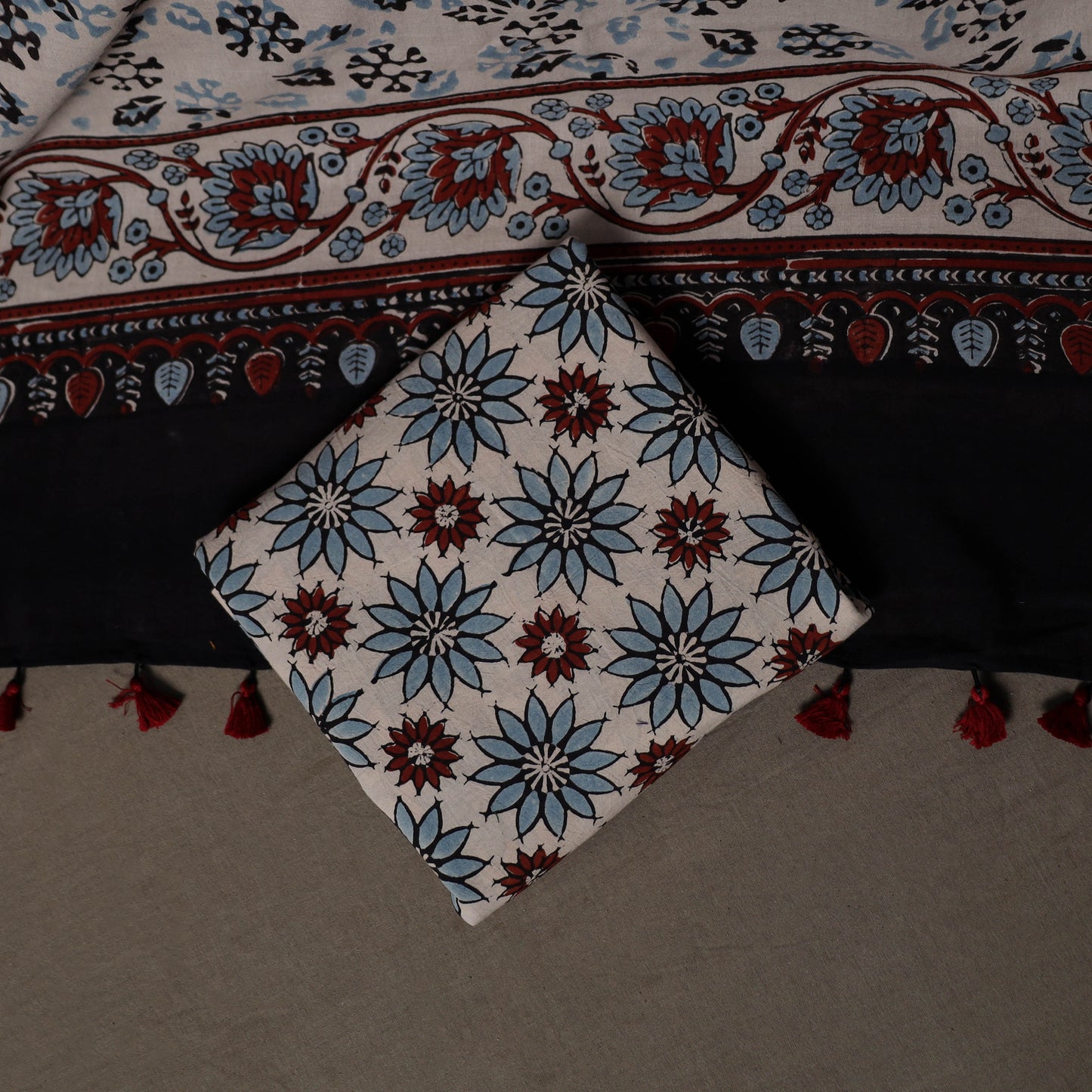 Ajrakh Hand Block Print Natural Dyed Cotton 3pc Unstitched Dress Material Suit Set 01