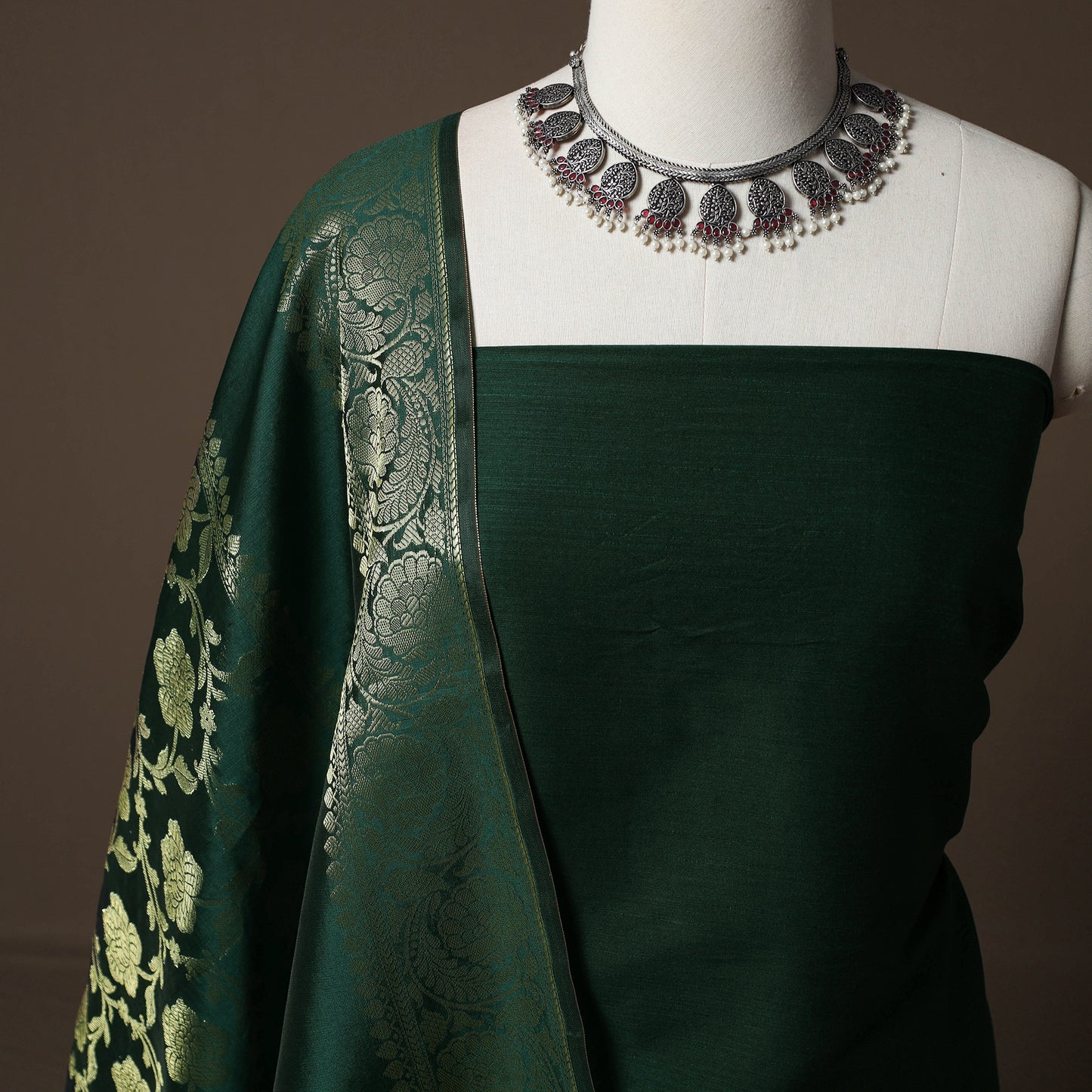 Plain Slub Silk 2pc Unstitched Dress Material Kurta Set with Earrings 06
