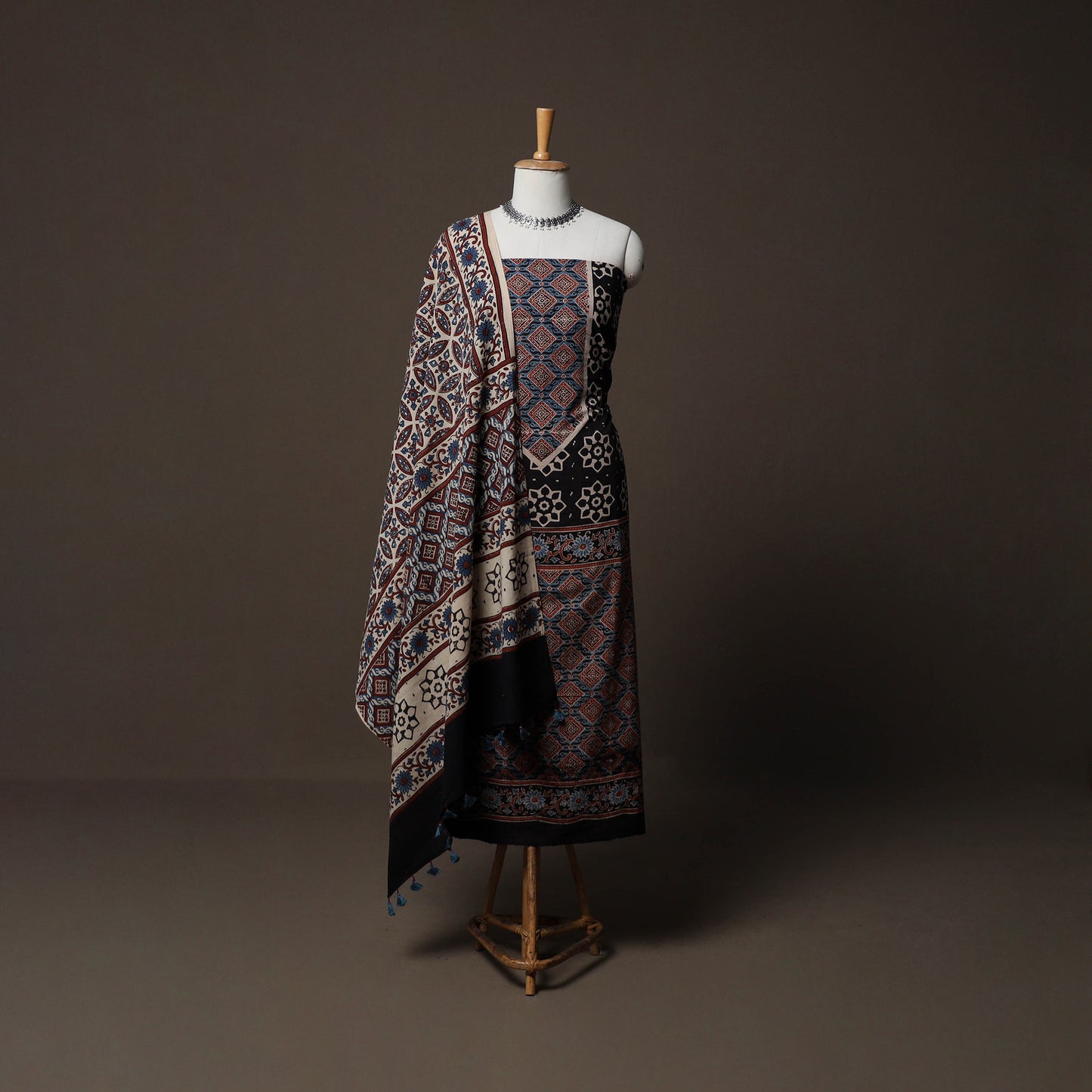 Ajrakh Hand Block Print Natural Dyed Cotton 3pc Unstitched Dress Material Suit Set 02