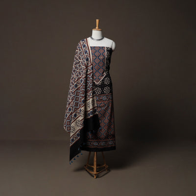 Ajrakh Hand Block Print Natural Dyed Cotton 3pc Unstitched Dress Material Suit Set 02