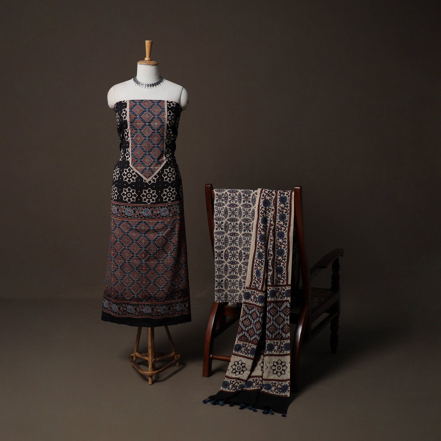 Ajrakh Hand Block Print Natural Dyed Cotton 3pc Unstitched Dress Material Suit Set 02