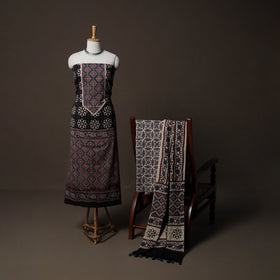 Ajrakh Hand Block Print Natural Dyed Cotton 3pc Unstitched Dress Material Suit Set 02