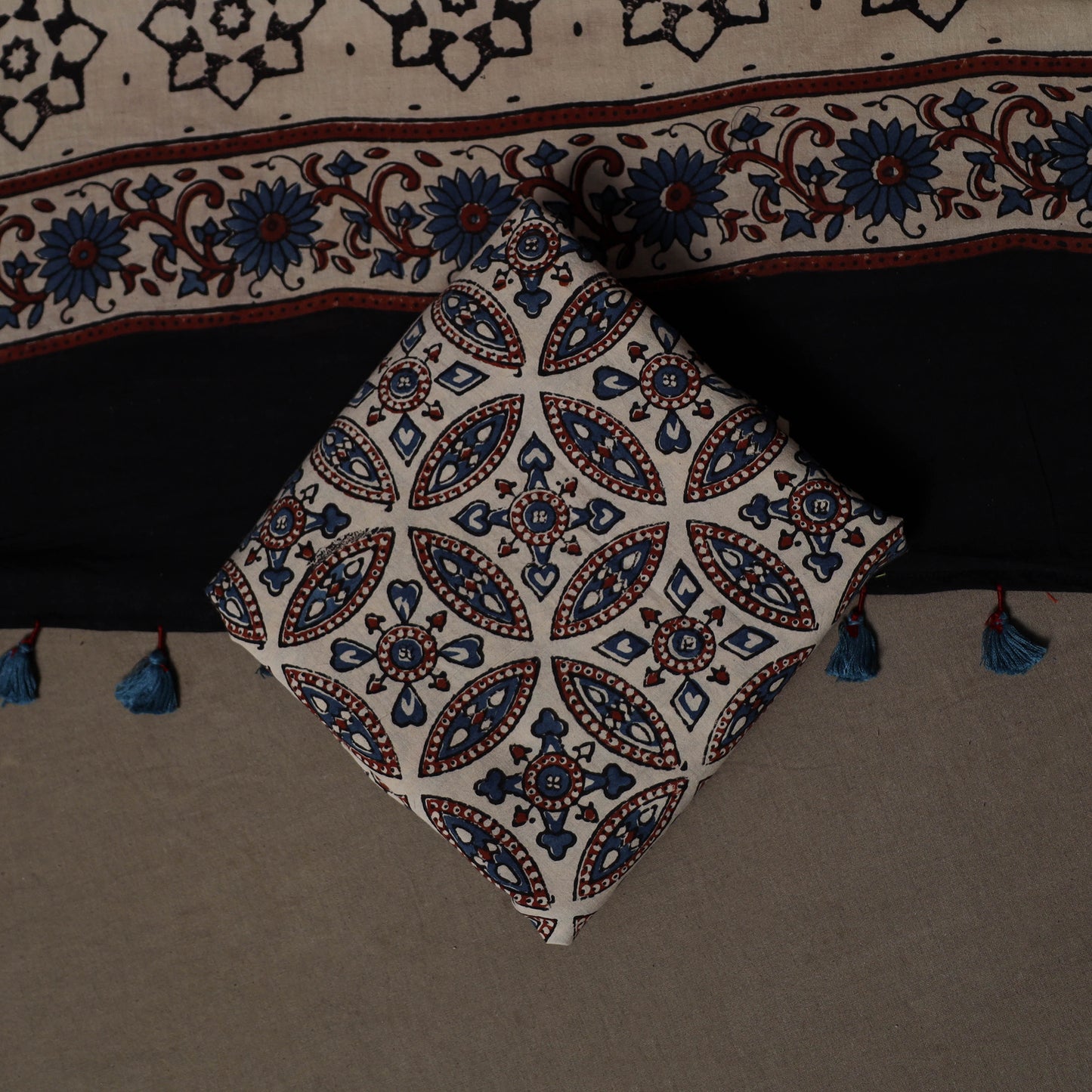 Ajrakh Hand Block Print Natural Dyed Cotton 3pc Unstitched Dress Material Suit Set 02