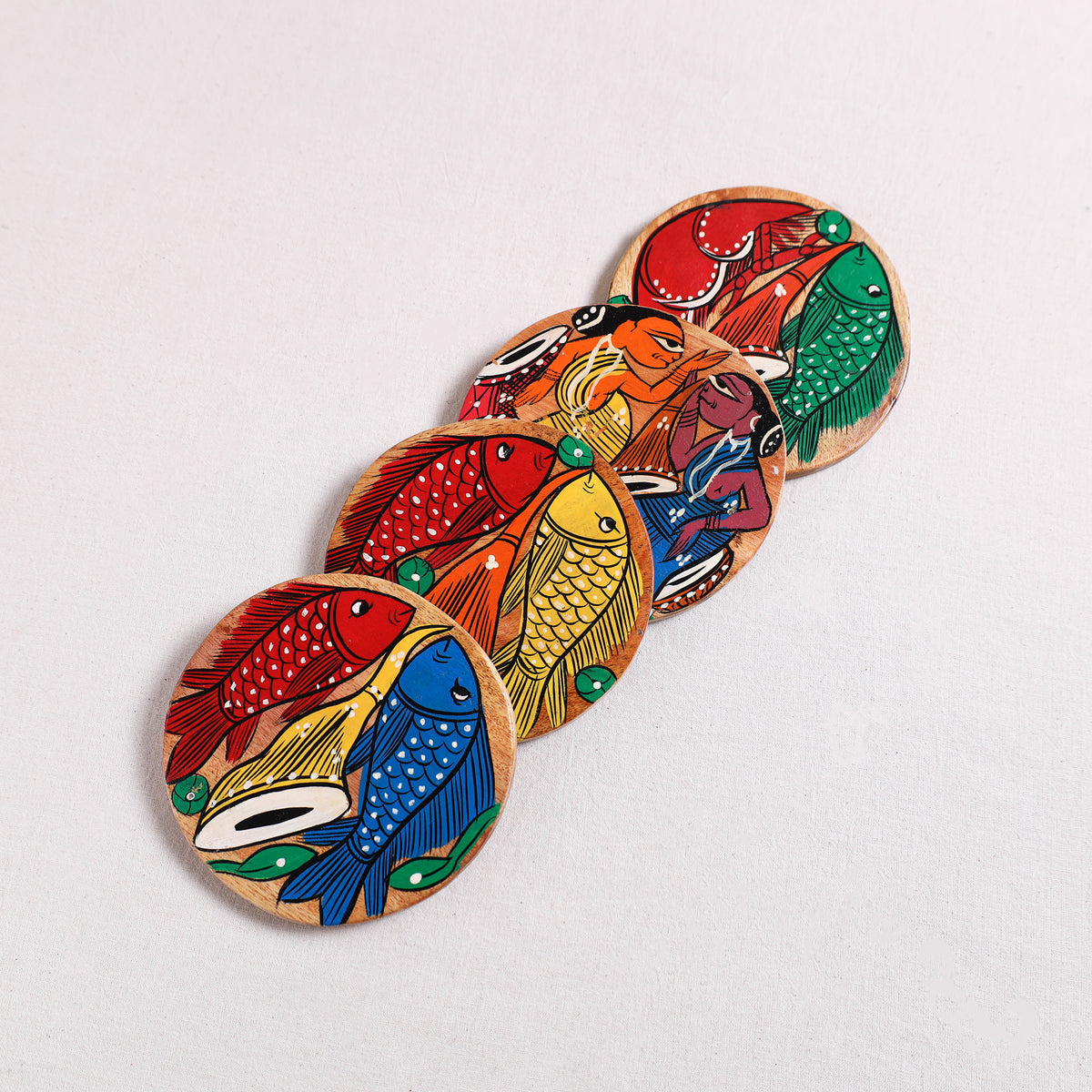 Bengal Patua Handpainted Akashmoni Wooden Coasters (Set of 4) 04