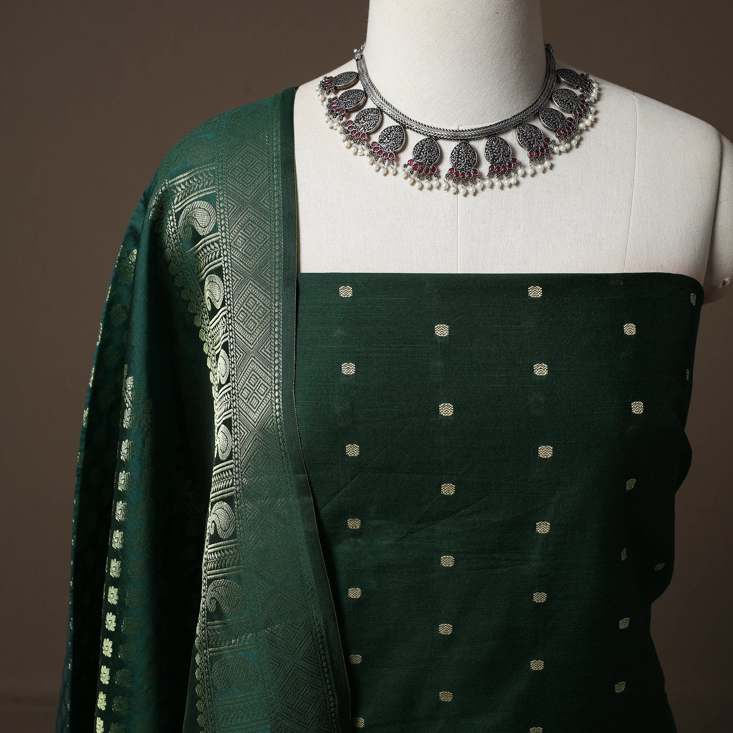 Spun Dupion Viscose Silk Buti 2pc Unstitched Dress Material Kurta Set with Earrings 07
