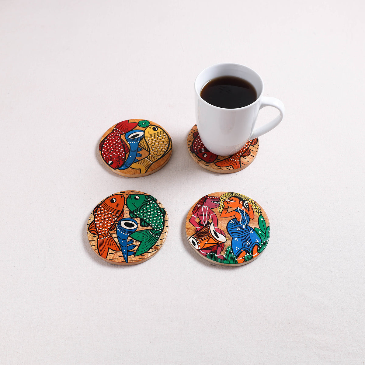 Bengal Patua Handpainted Akashmoni Wooden Coasters (Set of 4) 05