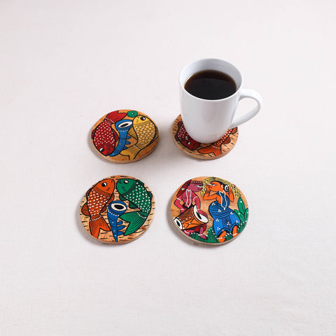 Bengal Patua Handpainted Akashmoni Wooden Coasters (Set of 4) 05