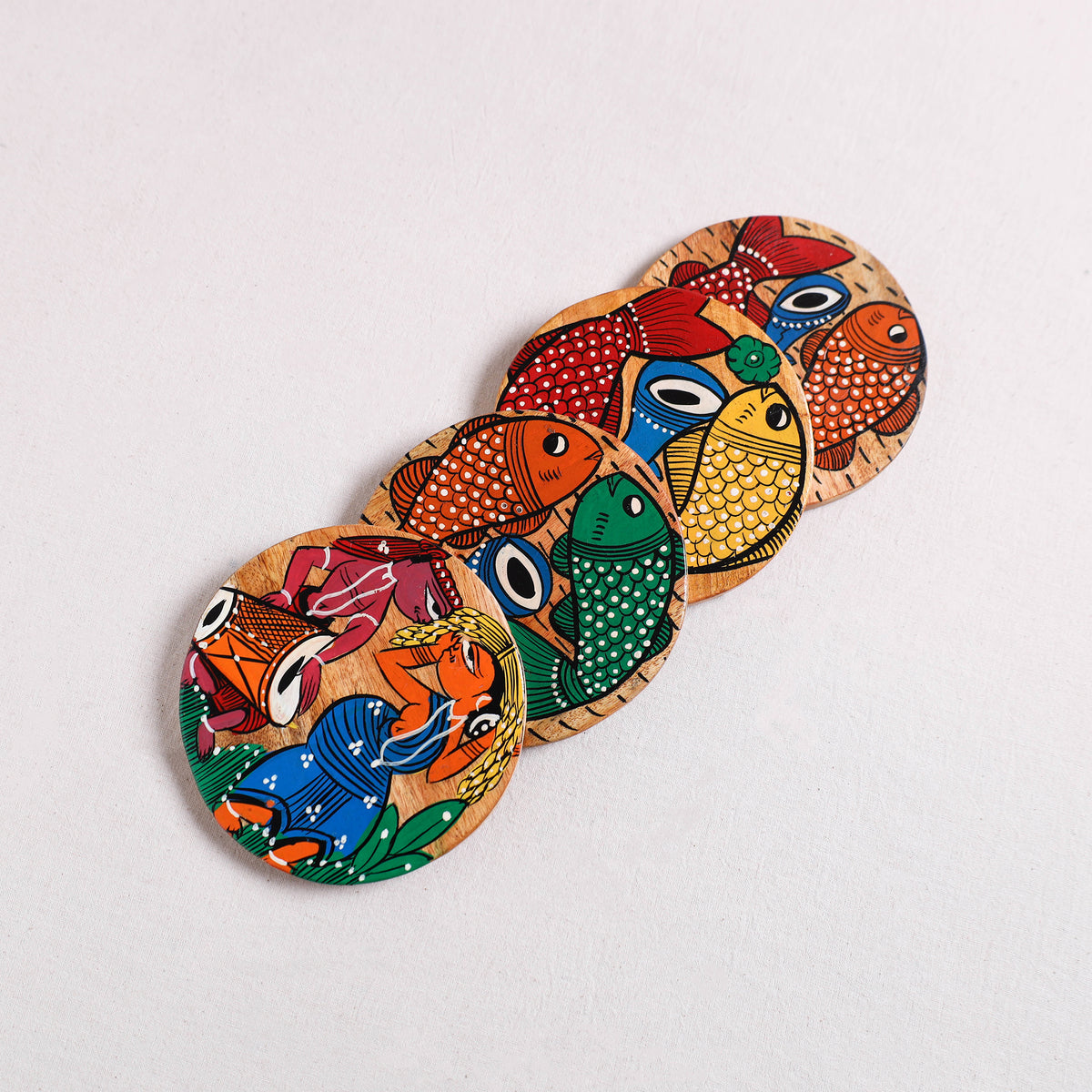 Bengal Patua Handpainted Akashmoni Wooden Coasters (Set of 4) 05