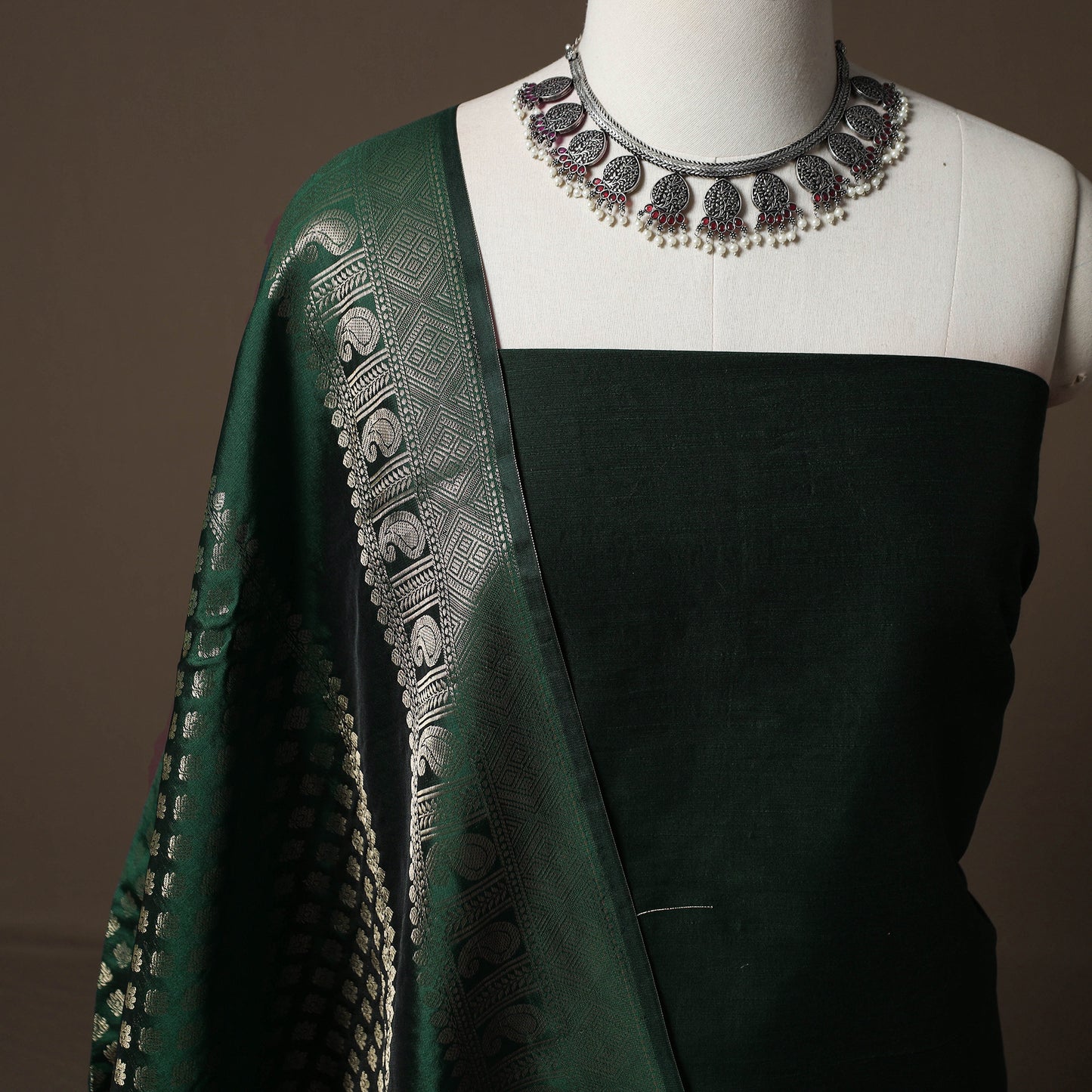 Plain Slub Silk 2pc Unstitched Dress Material Kurta Set with Earrings 05