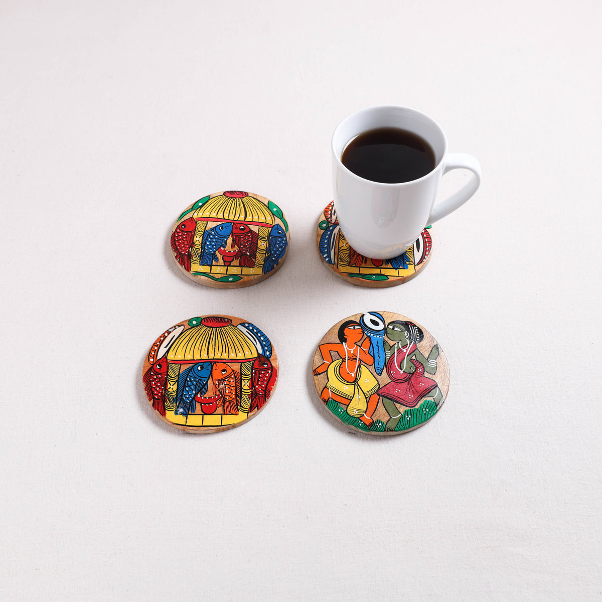 Bengal Patua Handpainted Akashmoni Wooden Coasters (Set of 4) 06