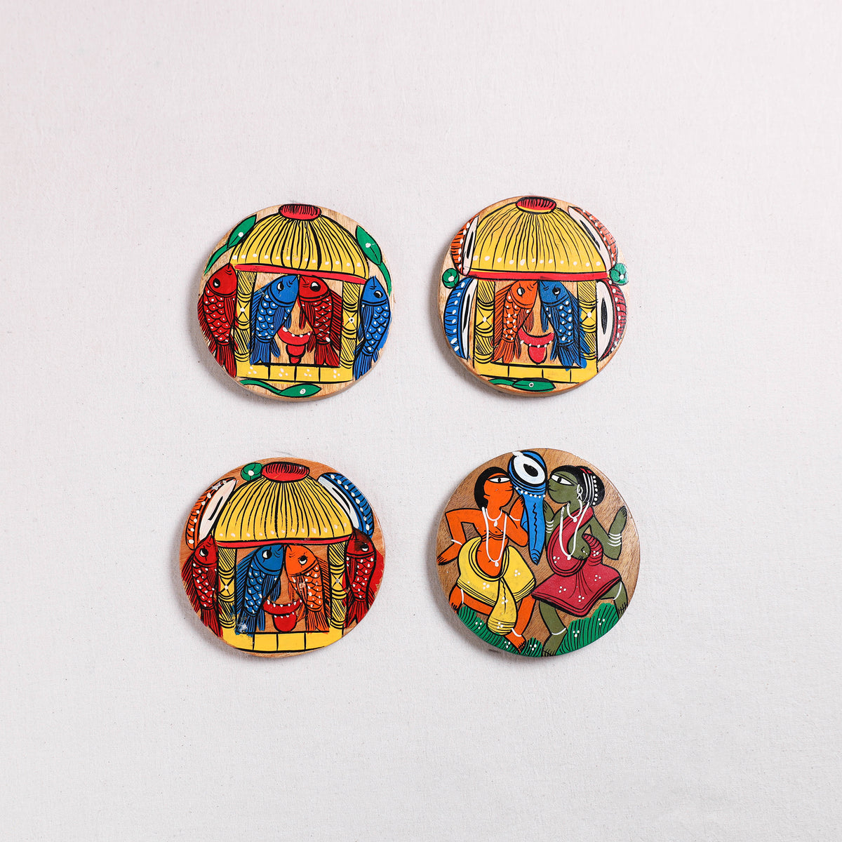 Bengal Patua Handpainted Akashmoni Wooden Coasters (Set of 4) 06