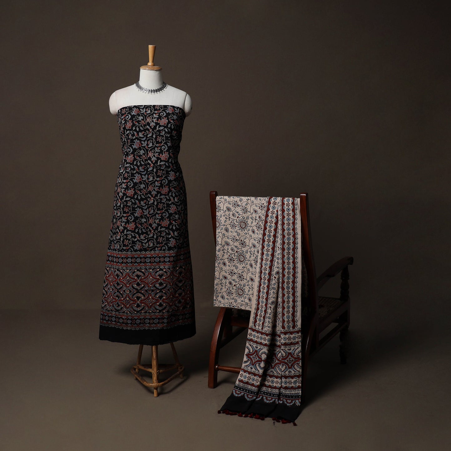 Ajrakh Hand Block Print Natural Dyed Cotton 3pc Unstitched Dress Material Suit Set 06